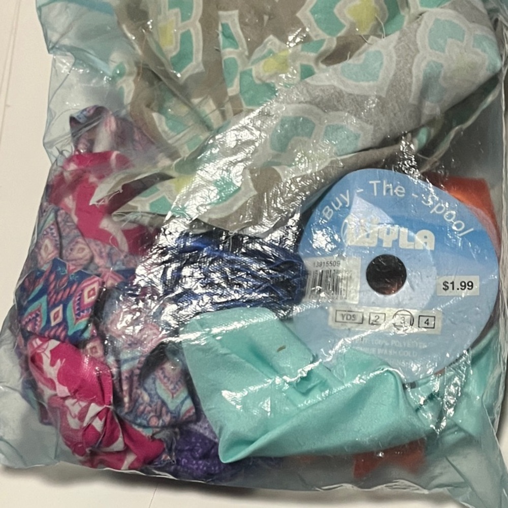 Mixed Fabric & Ribbon Grab Bag - Aqua, Teal, Pink, Gray